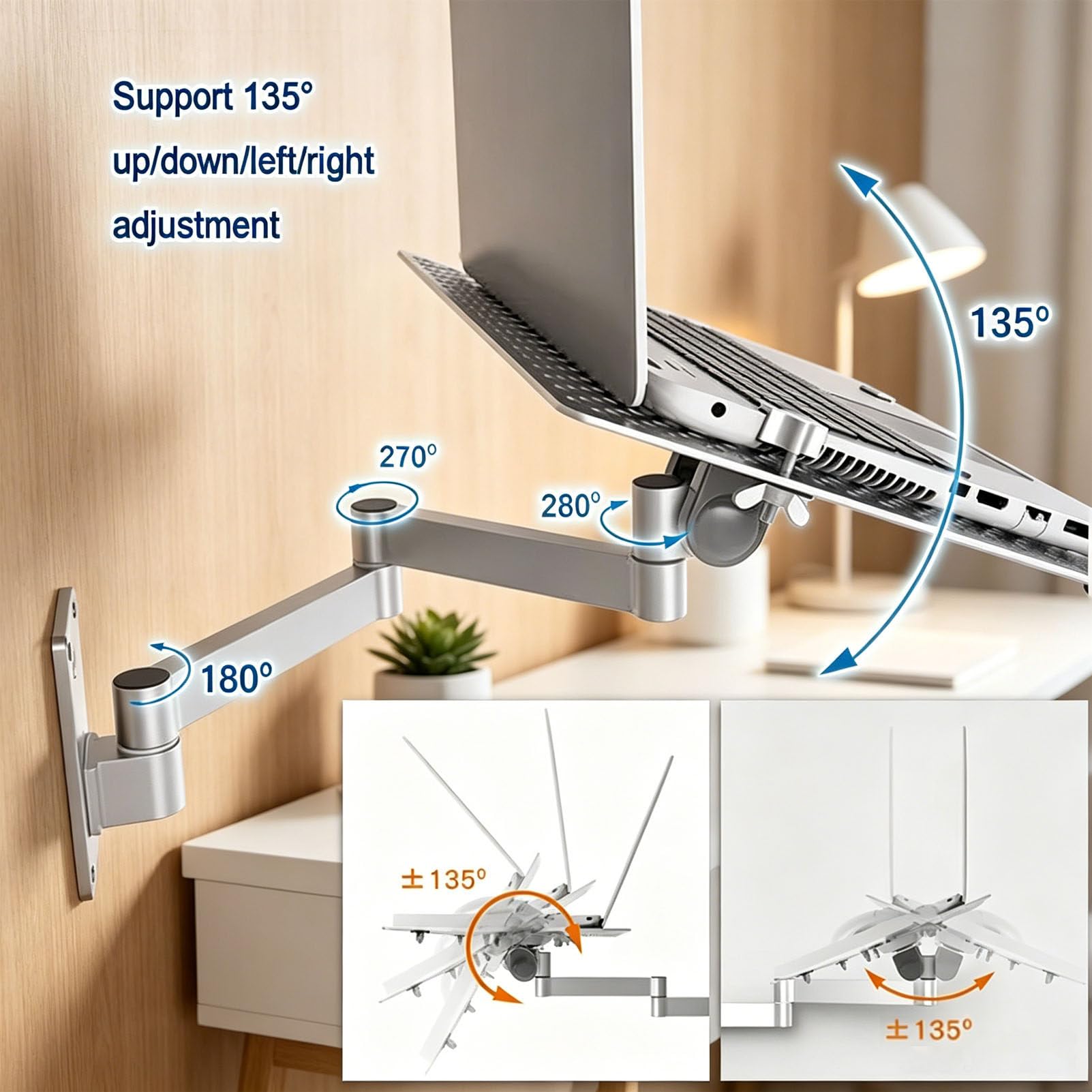 Brazo de Montaje en Pared para portátil con rotación de 360°, Soporte Ajustable con ventilación y Bandeja para ratón Desmontable para la Oficina en casa