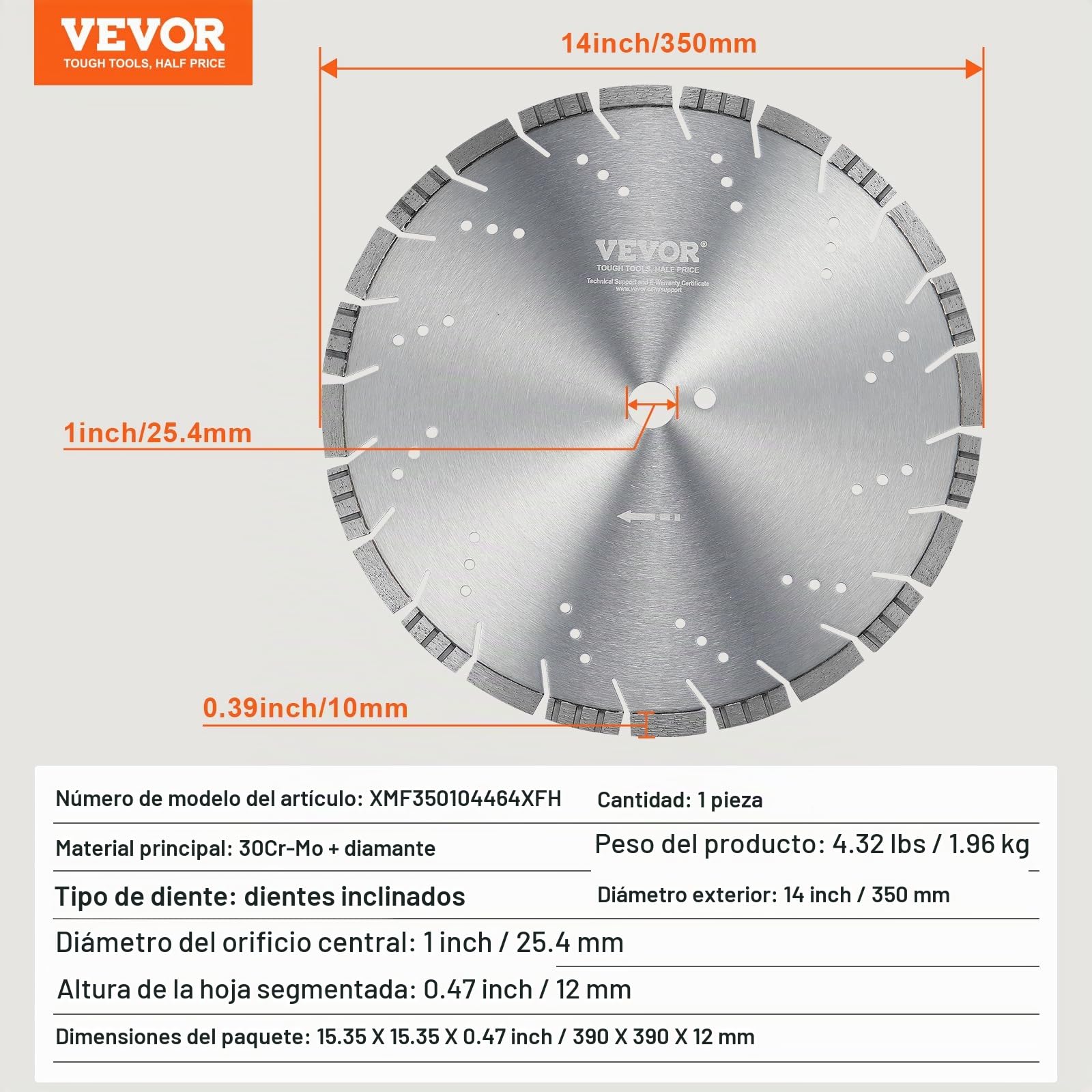 VEVOR Disco de Corte de Diamante 350 mm Disco de Diamante Húmedo o Seco Hoja de Sierra con Dientes Inclinados 10 mm Diámetro del Orificio Central Universal 25,4 mm Para Hormigón, Azulejos, Ladrillo