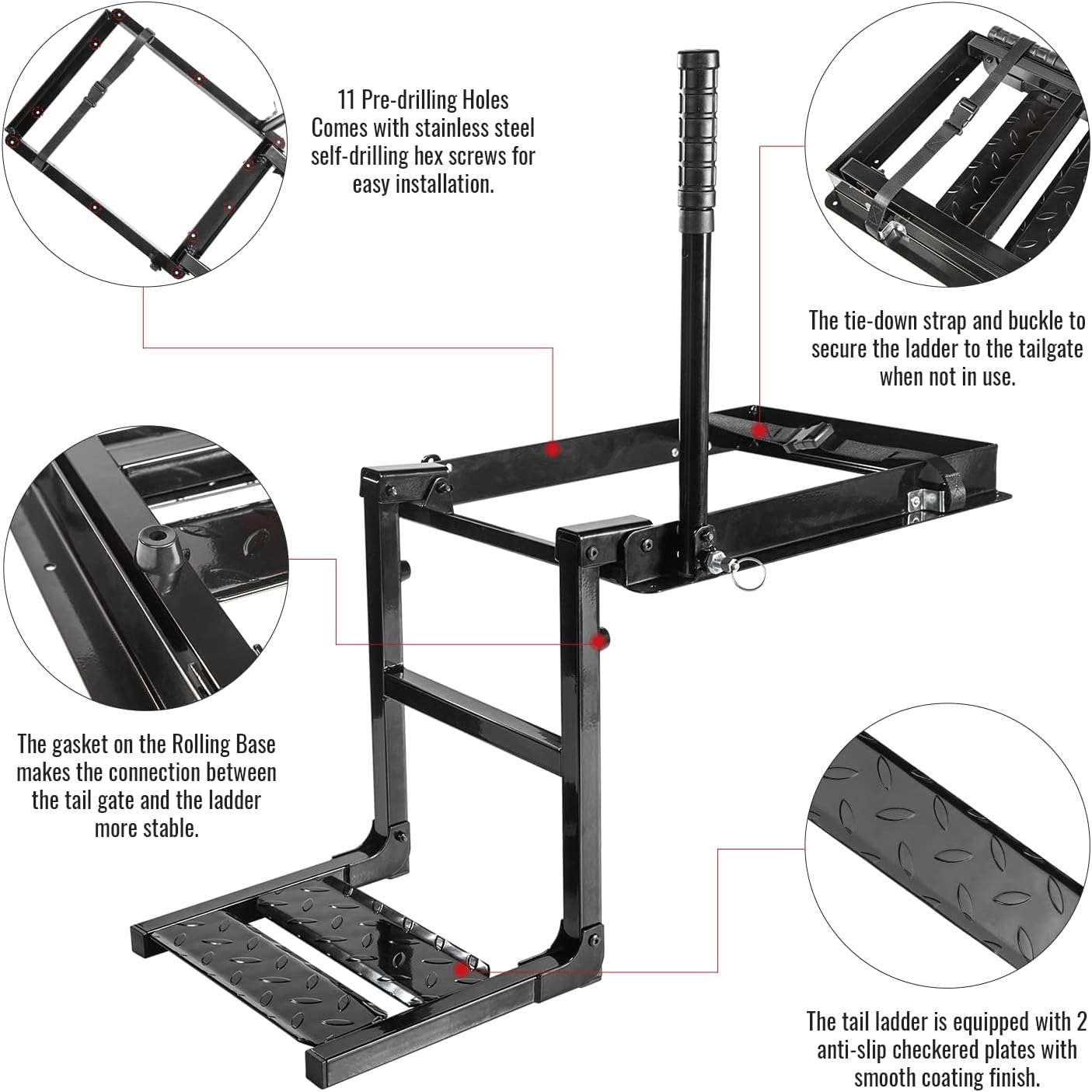 Foldable Pickup Truck Tailgate Ladder Rung Retractable Truck Tailgate Step with Telescopic Handrail, Wide Pedals for Work Flatbed Trucks and Equipment Trailers Easy Install Capacity 660 lb