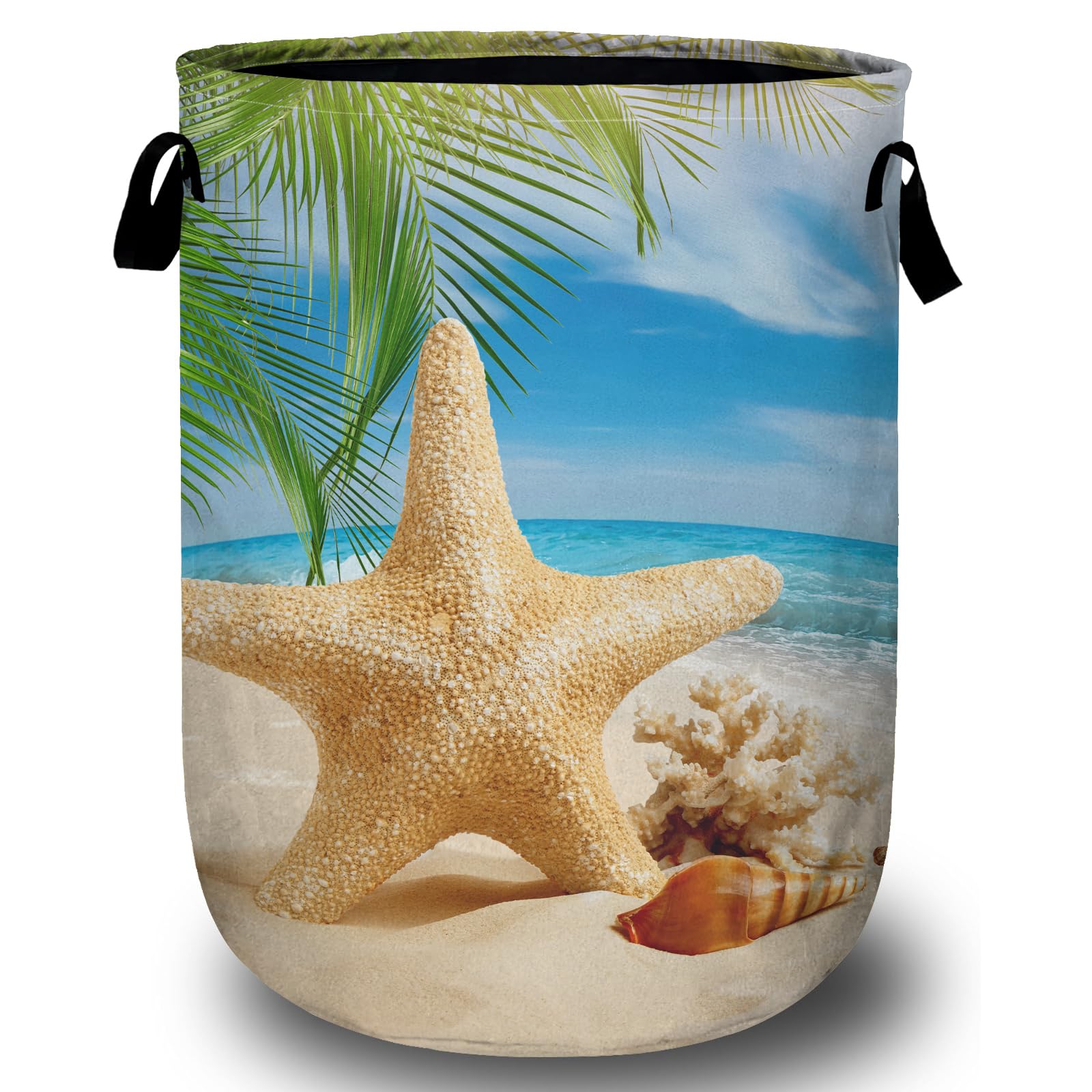 Starfish Seashell Laundry Basket, Ocean Sea Beach Laundry Hamper Collapsible Oxford Cloth with Handle Clothes Storage Bin for Bathroom Laundry Room Bedroom 15.7 X 20 Inch