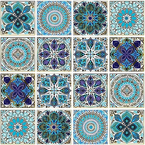 Menoeceus 16 Pcs 6”x6" Mandala Tile Stickers, Decorative Tile Sticker Self Adhesive Peel and Stick Tiles Backsplash Waterproof Kitchen Bathroom Furniture Stair Tile Stickers Home Decor (Blue)