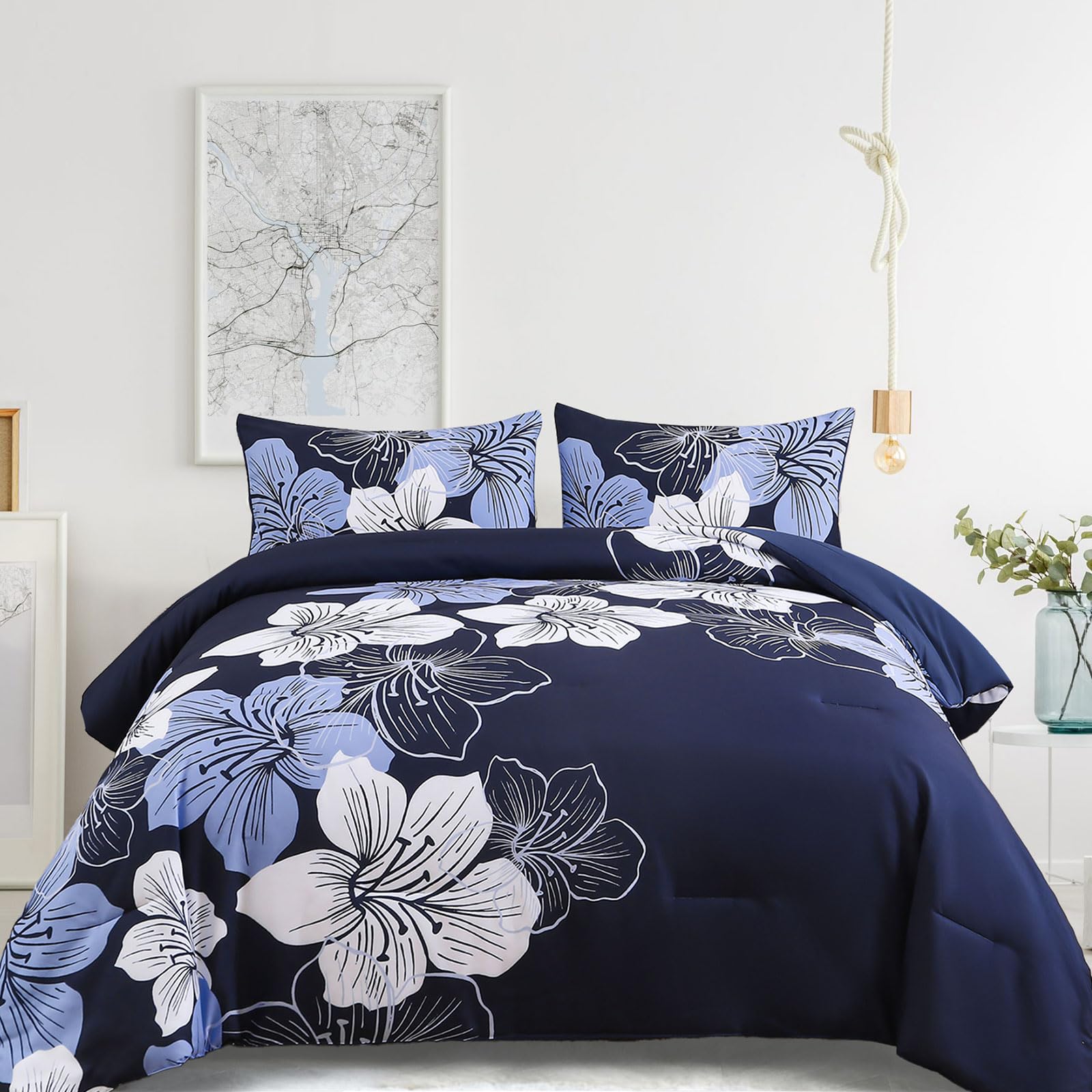 Photo 1 of Menghomeus King Size Comforter Set Navy Blue Floral Bedding Comforter Sets - Soft Microfiber Bed Comforter Set for All Season, 3 Piece Botanical Flowers Comforter, Pillowcases