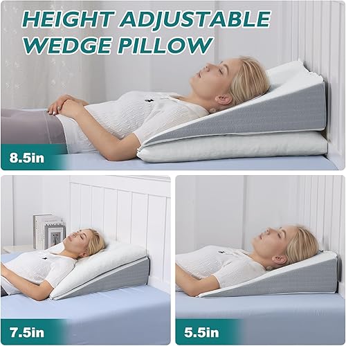 Miniatura 4 de TANYOO Almohada de cuña de cama para apnea del sueño, almohada Gerd de 7.5 pulgadas, almohada triangular de doble capa, ajustable, cubierta de