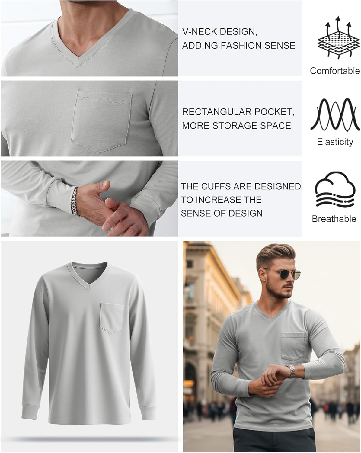 5 Pack Men's Big and Tall Shirts Long Sleeve V Neck Tee Casual Oversized Tops Loose Basic T Shirts with Pocket - Image 3