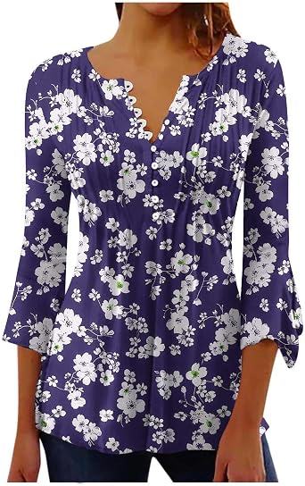 Spring Tops for Women 2025 Trendy V Neck 3/4 Bell Sleeve Tunic Shirts Plus Size Casual Summer Vacation Outfits