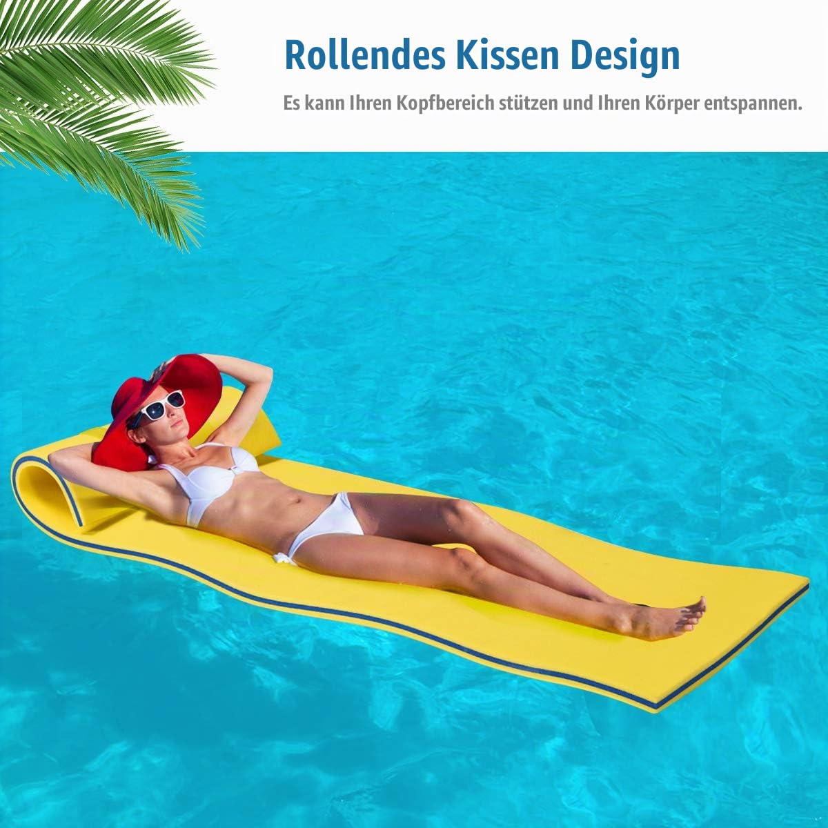 RELAX4LIFE 210 x 66cm Wasserhängematte, Aufrollbare Schwimmmatte, Wasser Bett 70 kg belastbar, Wasserliege aus 3-schichtigem XPE Schaum, Schwimmende Wassermatte für Erholung & Entspannung (Gelb)