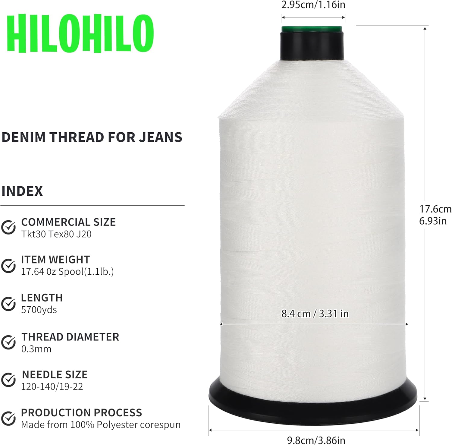 Extra Strong Polyester Corespun Thread Tkt30 Tex80 J20, 5700yds, Suitable Denim Thread for Jeans and Workwear (White)