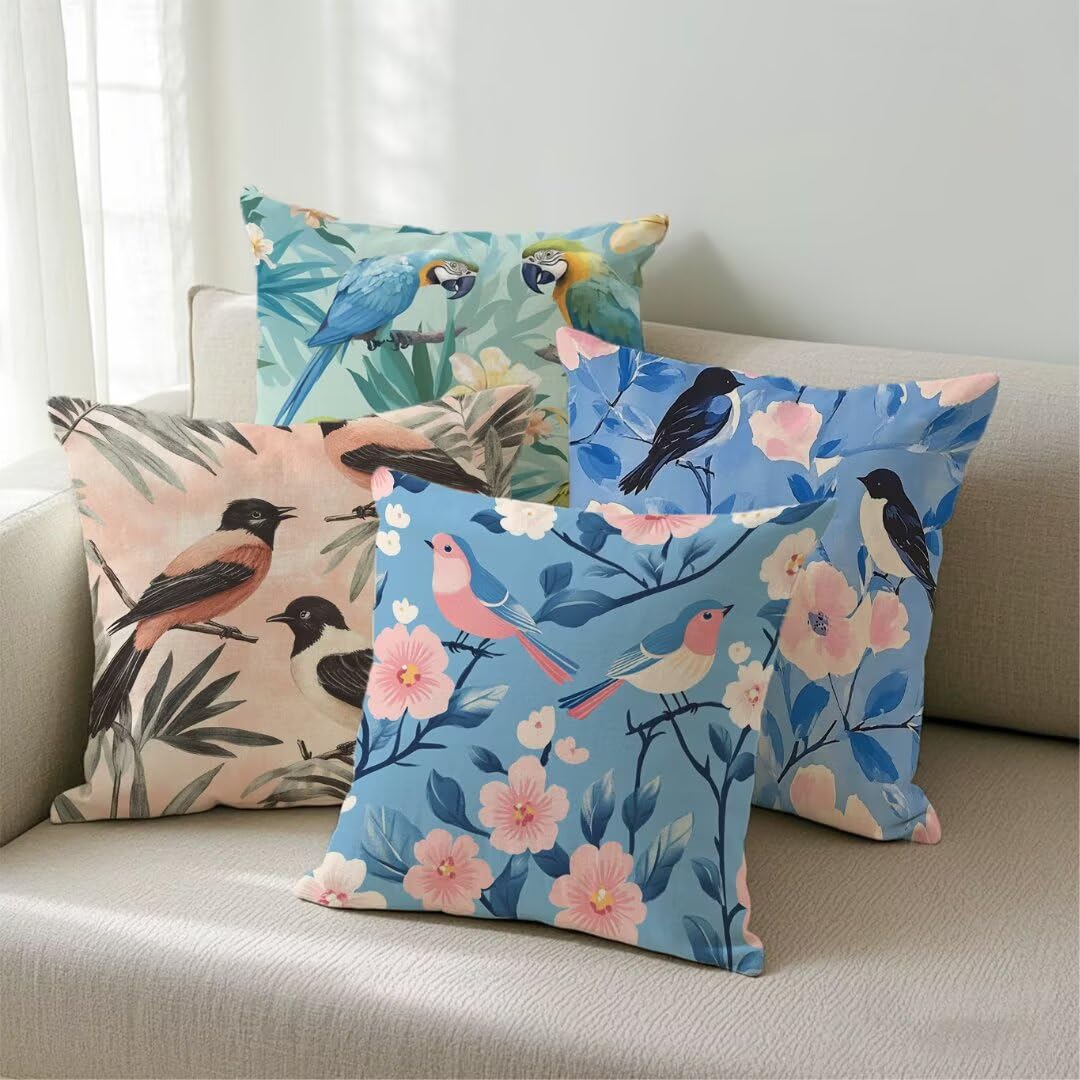 Fundas de Cojines Exterior Impermeable de Lino Fundas de Almohada Sofa Pájaro, Juego de 4 Cuadrados Funda Cojin Azul Decorativas para Jardín, Patio, Oficina, Terraza y Sala de Estar, 45x45 cm Ym412