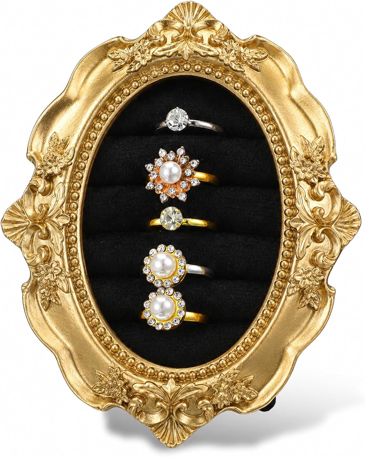 Oqqlin Vintage Ring Holder, Gold Oval Ring Holder with Suede Interior 4.72 x 3.74 Inch Jewelry Display Organizer for Wedding, Ceremonies, Birthday