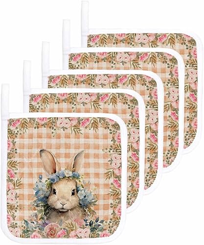 Miniatura 6 de 3 Packs Easter Rabbit Pot Holders Sets for Kitchen,Oven Pan Plate Bowl Pads Heat Proof Mat with Hanging Loop,Terry Cloth Potholders Soft Grip for