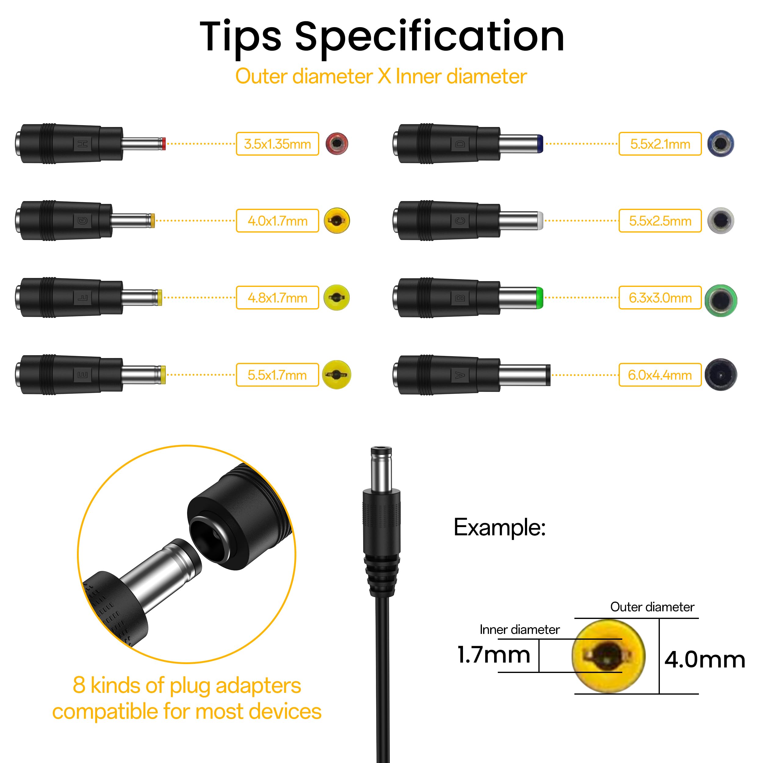 Mugust Kabel USB na DC, 8 w 1, USB A na wtyczkę drążoną, uniwersalny kabel do ładowania, kabel zasilający, kabel adaptera z 8 wtyczkami do routera, golarki, TV Box, Philips Hue Hub (5 V)