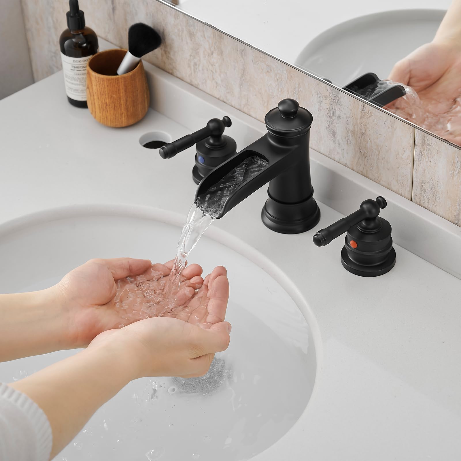 Robinet de lavabo 8 pouces noir mat avec double levier et bonde