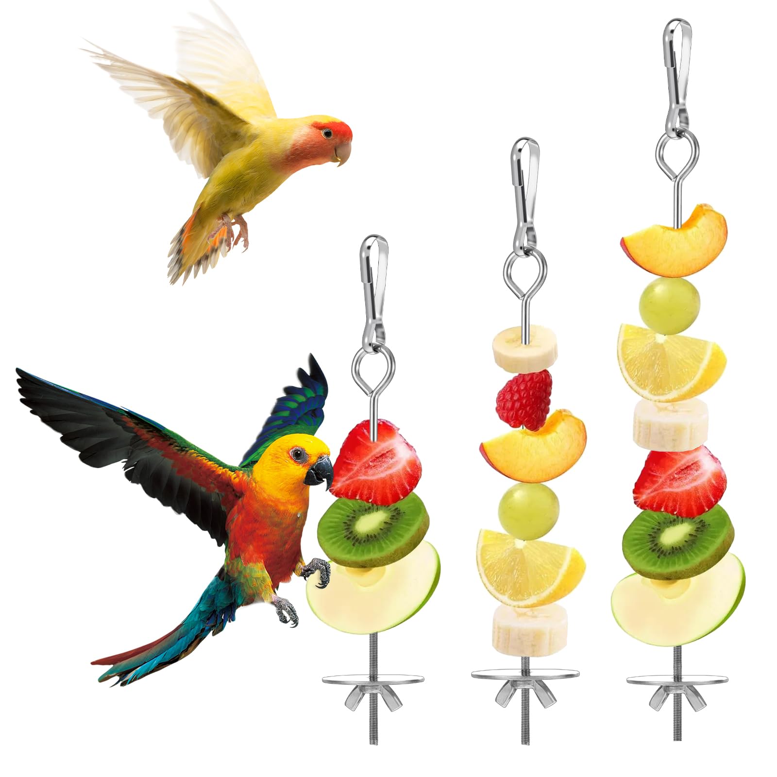 3 Pcs Stainless Steel Bird Cage Food Holder Parrot Fruit Vegetable Skewers Hanging Foraging Toy Bird Treats Skewer for Macaws, Budgerigars, Small Parrots (3 Sizes)