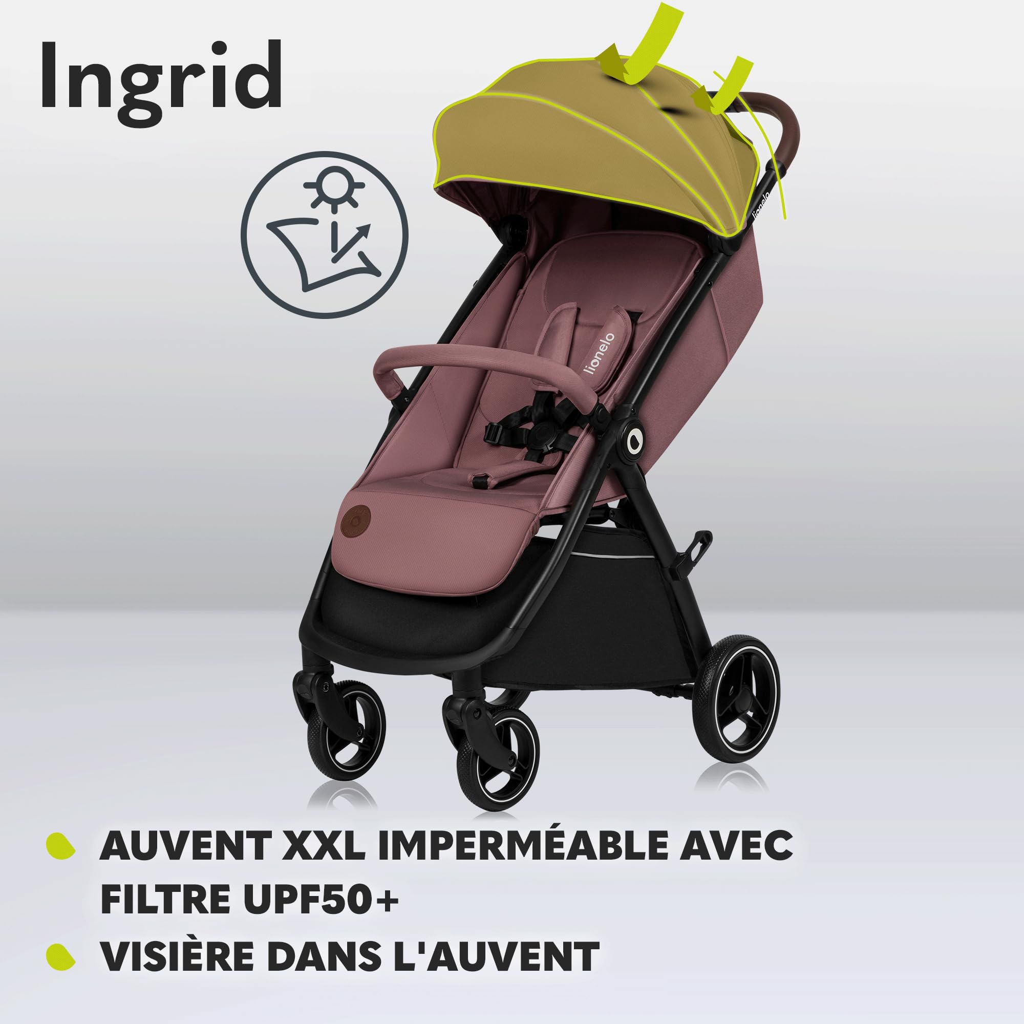 LIONELO INGRID Poussette 22 kg 6 mois-4 ans Grandes roues pivotantes 360° Suspension totale Pliable d'une seule main Dossier et repose-pieds réglables Auvent XXL Pink