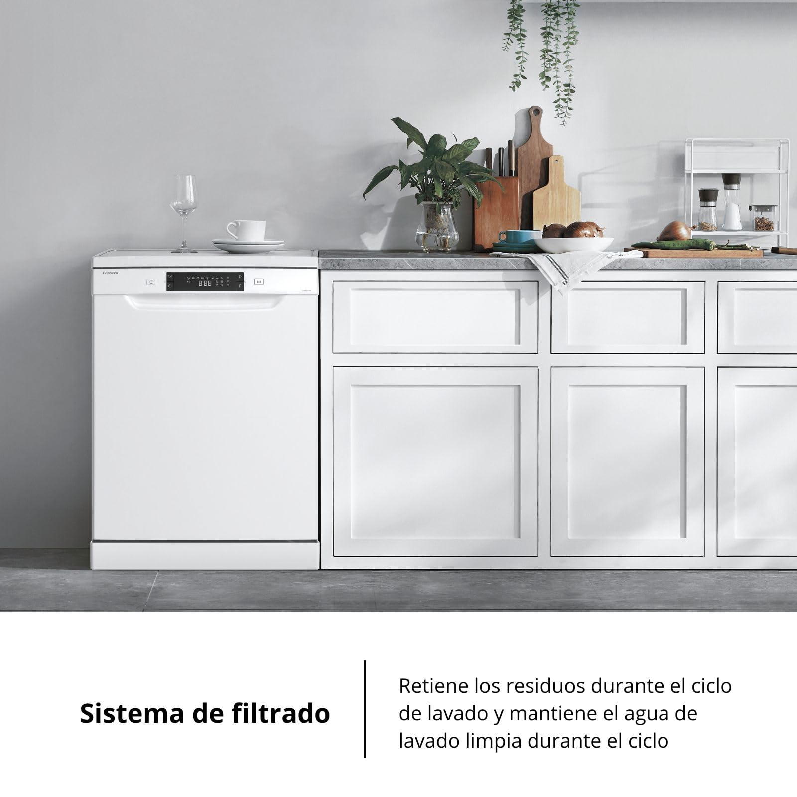 Corberó - Lavavajillas Plus | CLVM6025W | 84,5x59,8x61 cm | 13 Cubiertos | 8 lavados | Media Carga | Inicio Diferido | Función Autoapertura | Cesta Regulable | Display LED | 47 dB | Blanco | Clase D