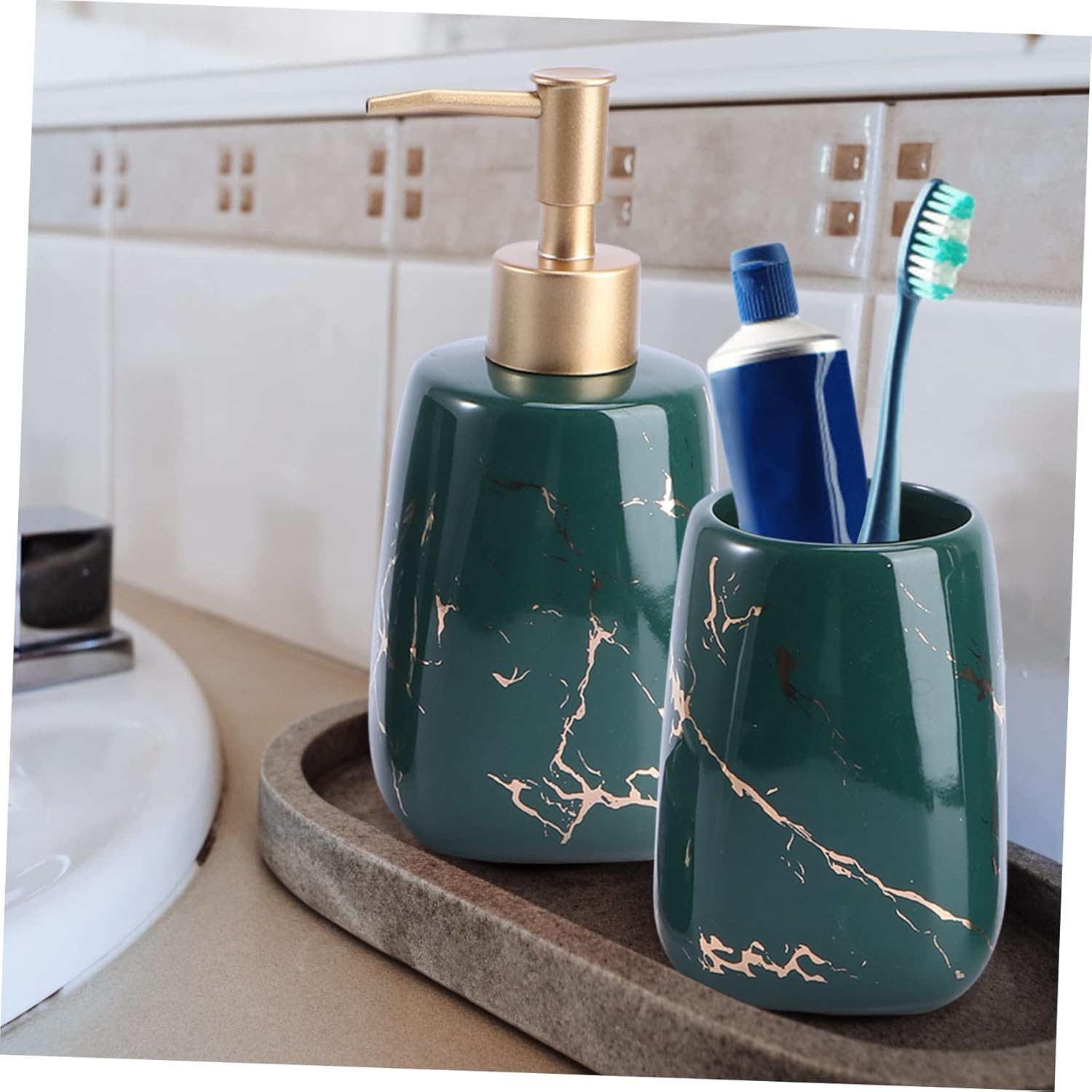 IMIKEYA 3pcs Marble Bathroom Accessory Bathroom Vanity Countertop Organizer with Soap Tray and Washing Cup for Toothbrush and Toothpaste Holder