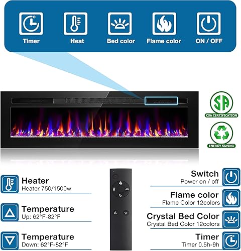 Miniatura 4 de Chimenea eléctrica de 68 pulgadas empotrada y montada en la pared, calentador de chimenea y chimenea lineal, chimenea eléctrica ultrafina, bajo