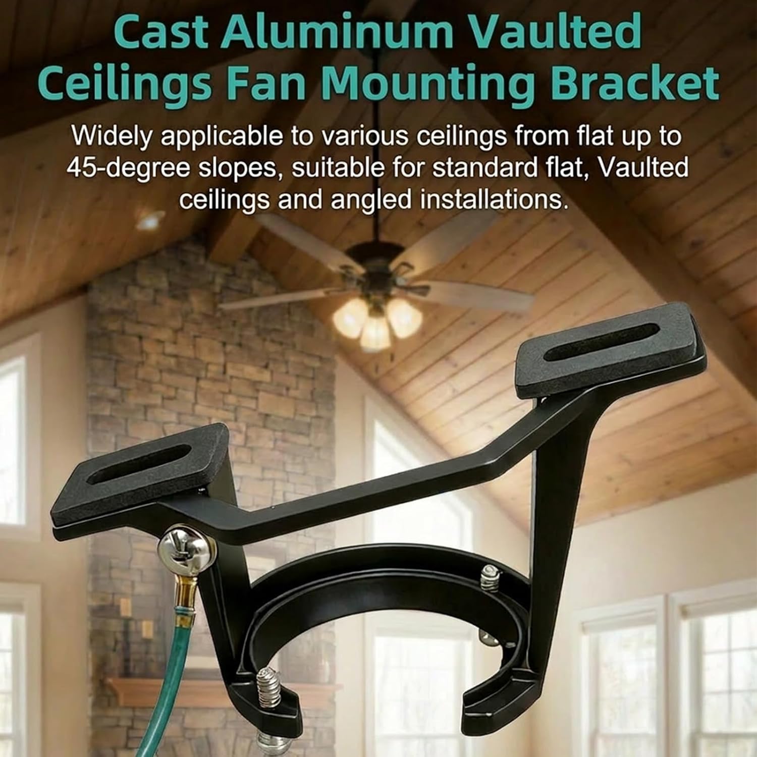 Heavy Duty Cast Aluminum Vaulted Fan Adapter, Sloped Ceiling Mounting Bracket for 0-45°, Compatible with 1" O.D. Downrods, Space-Optimized for Remote Receivers, Matte Black.