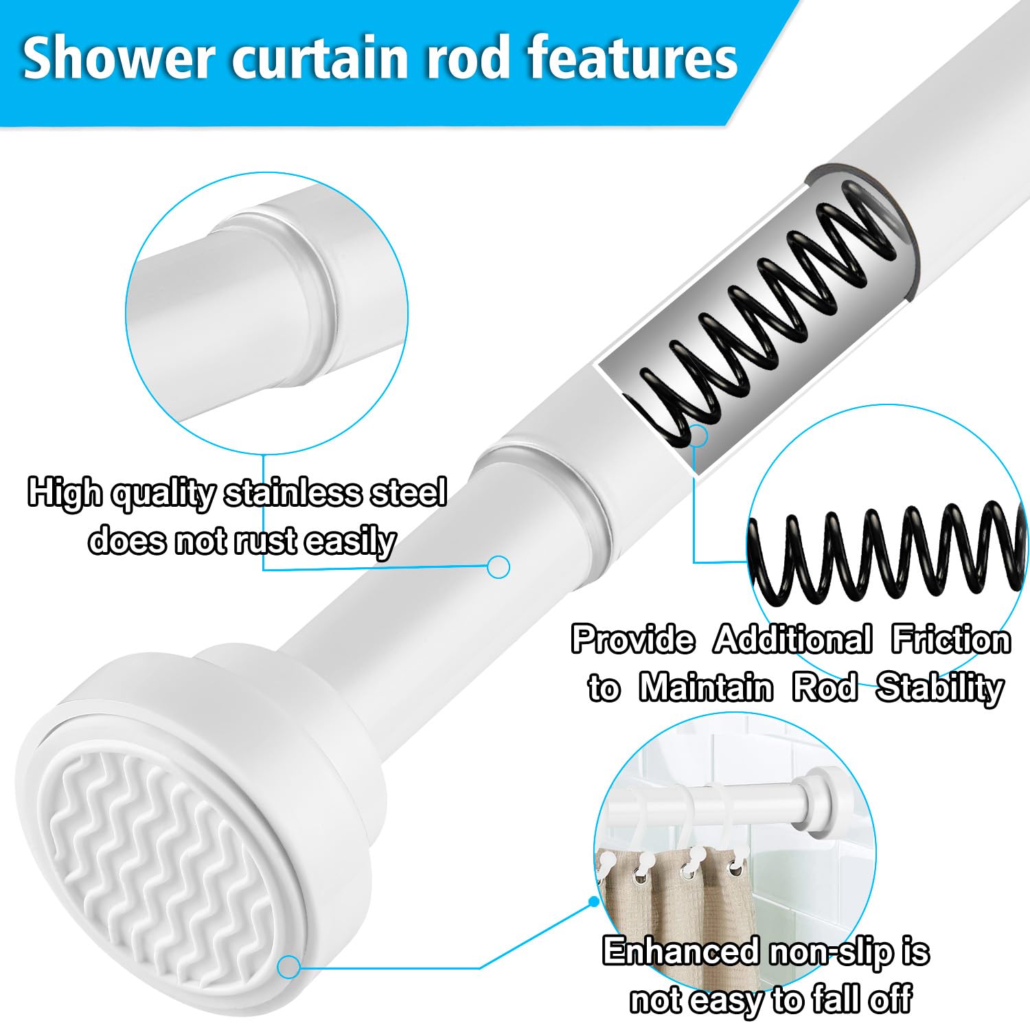 Shower Curtain Rod Tension- 64-90 inches, No Drill, Never Rust, Non-Slip Spring Tension Rods for Window/Bathroom, Closet Rod Stainless Steel, White