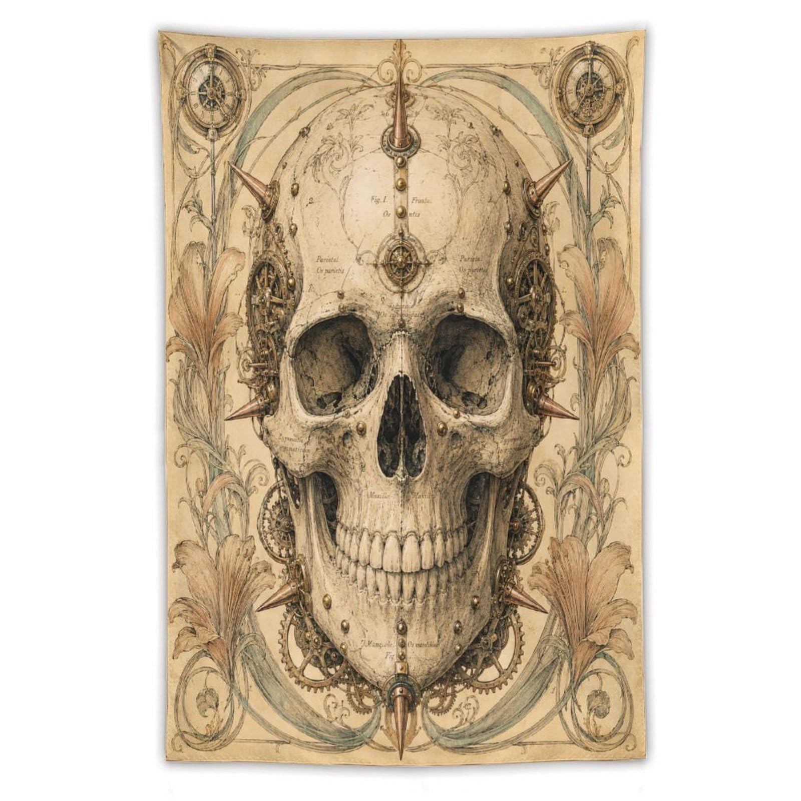 W7C8U2X3 Ornate Skull with Clockwork Wall Tapestry, Gothic Oil, Office