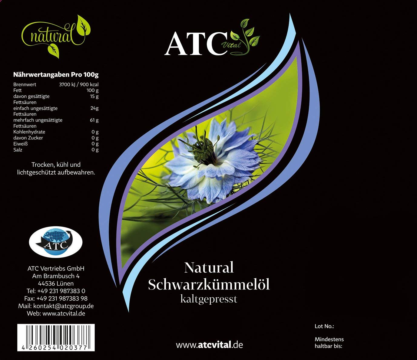 ATC Vital olej czarnuszki tłoczony na zimno olej z prawdziwych nasion Nigella Sativa – łagodny smak – naturalny – bez dodatków – tylko w fioletowym szkle 1000 ml – 1 l (2 x 500 ml))