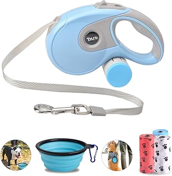 Retractable Dog Leash Heavy Duty 360Tangle-Free Pet Walking Leashes Anti-Slip Handle 16ft Strong Nylon Cord with Poop Bag Dispenser&Bowl for Medium Large Small DogBlue