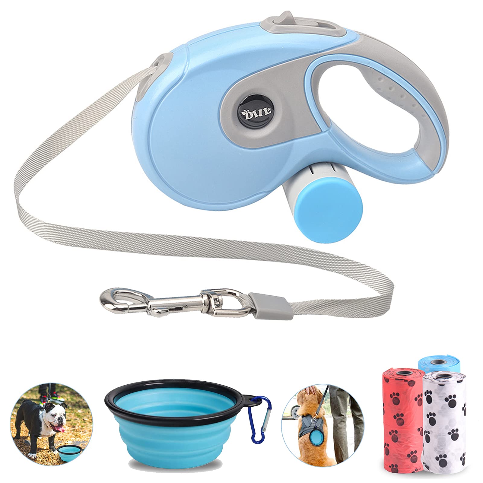 JINRUI-T Retractable Dog Leash Set One Handed Brake Lock Pet Walking Leash with Anti-Slip Handle 16ft Strong Nylon Cord with Poop Bag Dispenser&Bowl for Medium Large Small Dog (Blue)