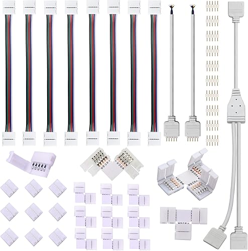 FSJEE Kit de conector de tira LED de 5 pines, incluye conector RGBW LED de 5 pines en forma de L y T, conector sin soldadura de 5 pines, tira LED