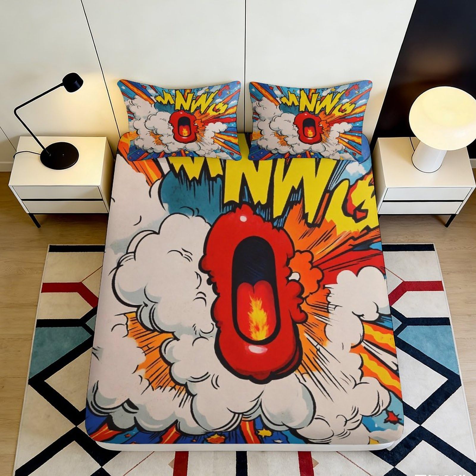 3D Printed Comic Pop Art Fitted Sheet Microfiber Anti-Slip Explosion Cartoon Mattress Cover for Bedroom Dorm Protective Decor 90x200x25cm