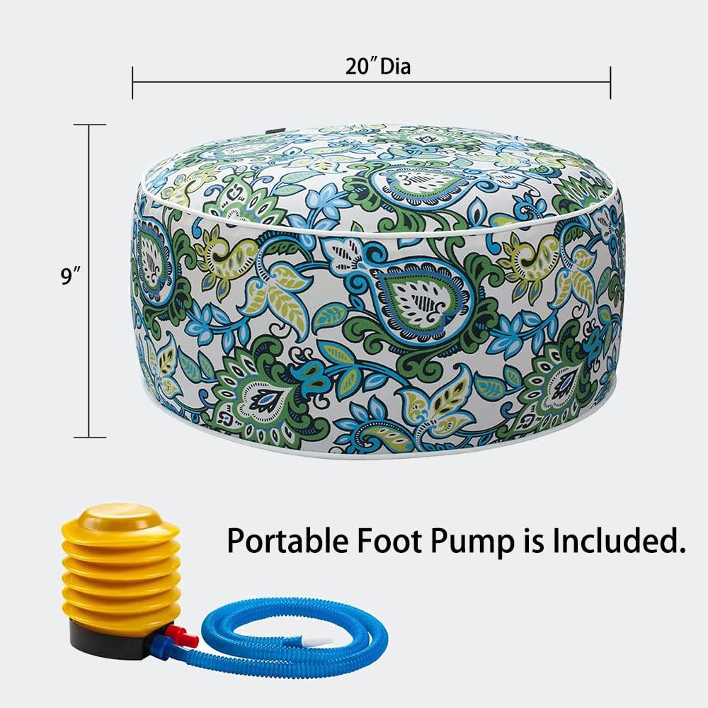 Magpie Fabrics Indoor/Outdoor Inflatable Stool Ottoman Pouf, Water Repellent Round Footrest Footstool with Foot Pump D20 xH9, Portable for Patio Garden Travel Camping or Home, Floral Blue Green