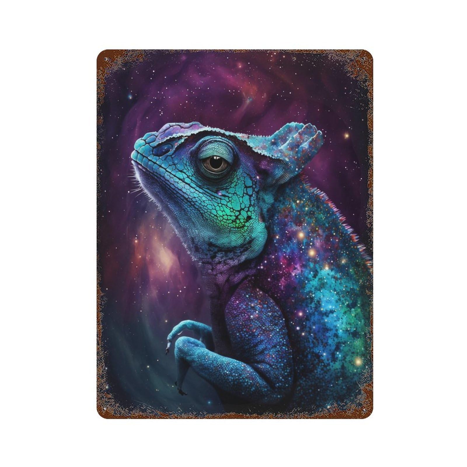 Garage Style Galactic Lizard Art Print-17 Aged Metal Wall Plaque 15.7"x11.8", Novelty Wall Decor for Bar And Workshop