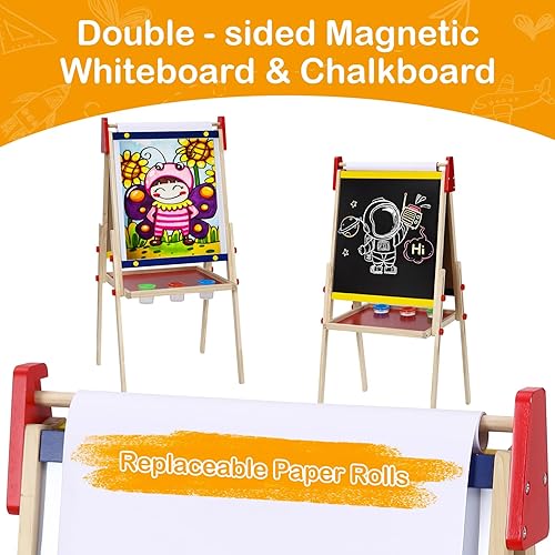 Miniatura 3 de Caballete de madera para niños con rollo de papel, tablero de dibujo de caballete de madera ajustable de doble cara para niños con pizarra
