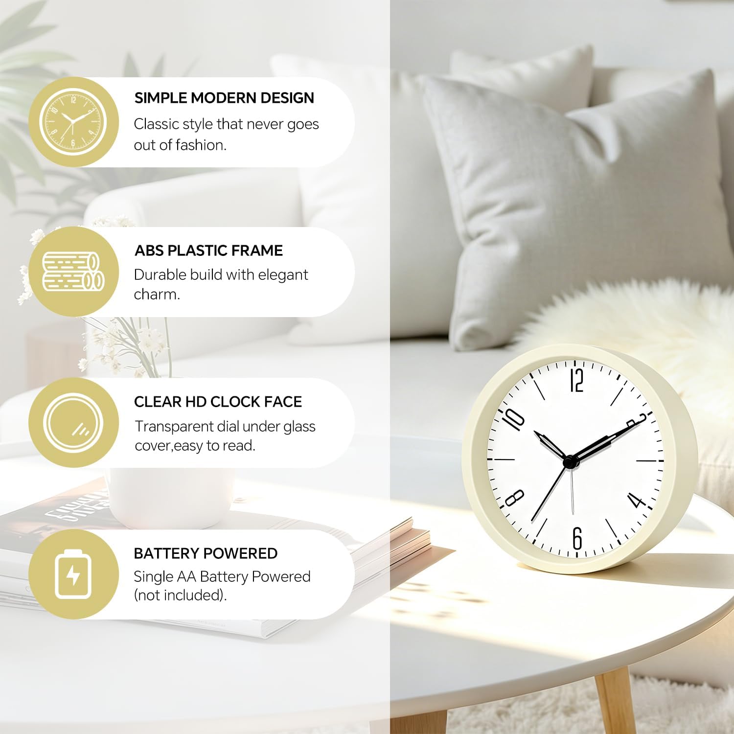 Battery Operated Loud Alarm Clock for Heavy Sleepers, 4.5" Modern Round Plastic Analog Desk Clock with Silent Movement Unique Dial & Numbers Design, Desk Bedside Clock for Teens Seniors,White