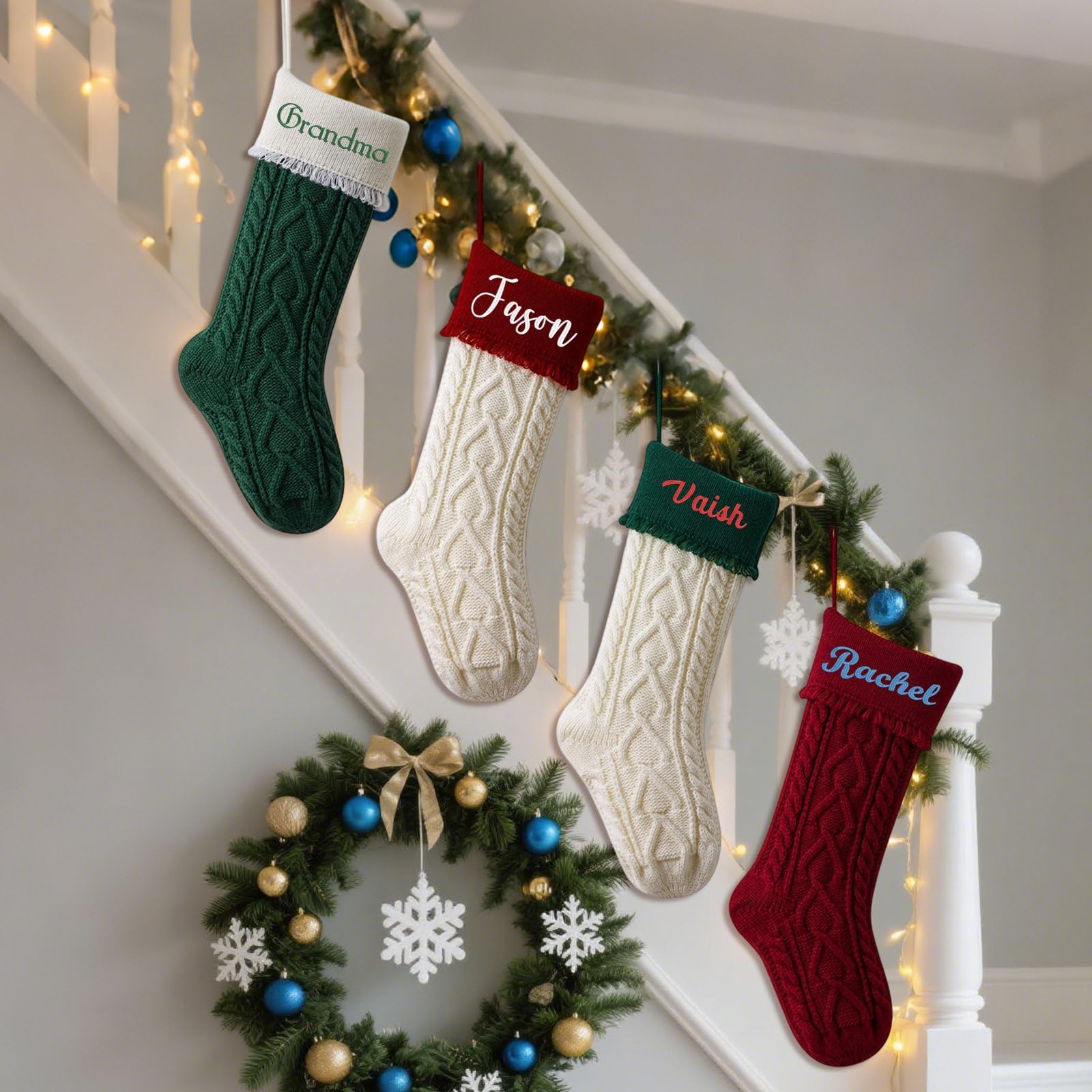 7 divertenti calze di Natale personalizzate fai da te da 45 cm con nomi ricamati, grandi calze natalizie lavorate a maglia per caminetto rustico da appendere ornamento da appendere