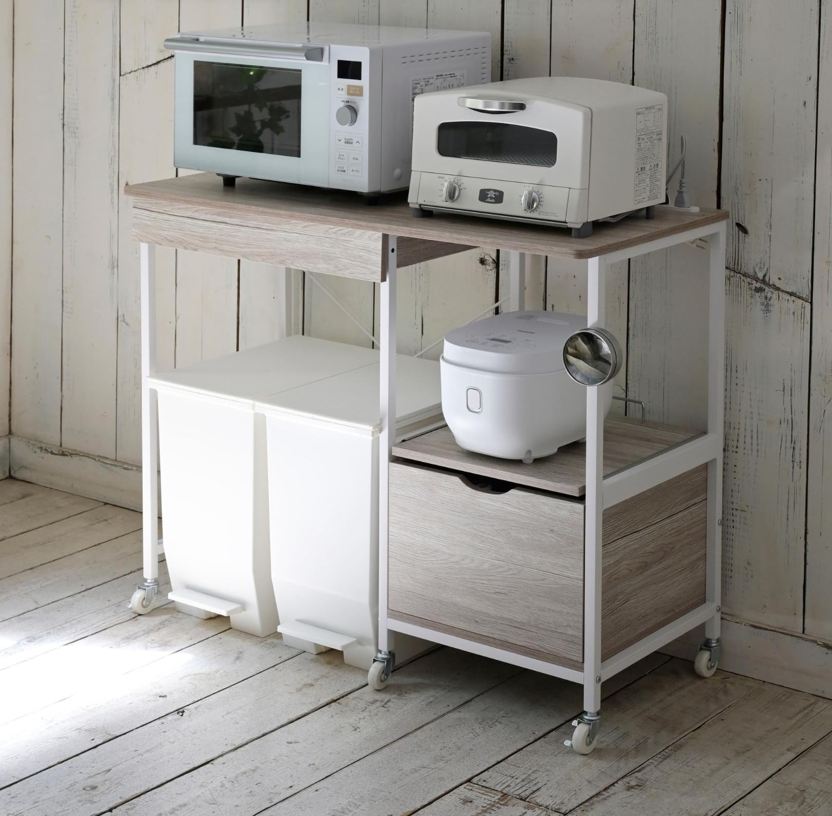 レンジラック レンジ台 ダストボックス2個付 棚 家電収納 引き出し  