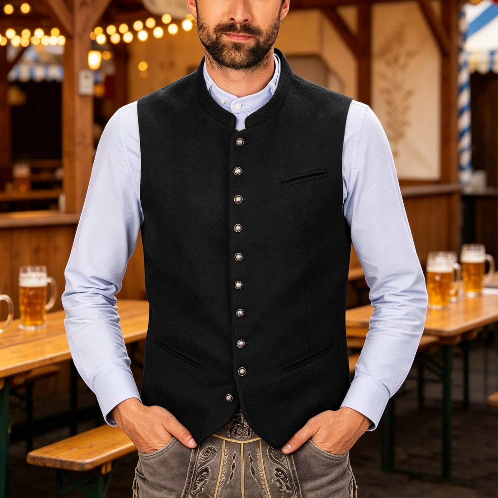 Gilet bavarese da uomo per Oktoberfest, con bottoni in metallo | Gilet tradizionale di alta qualità con elegante effetto pelle scamosciata e robusti bottoni in metallo, taglio slim fit