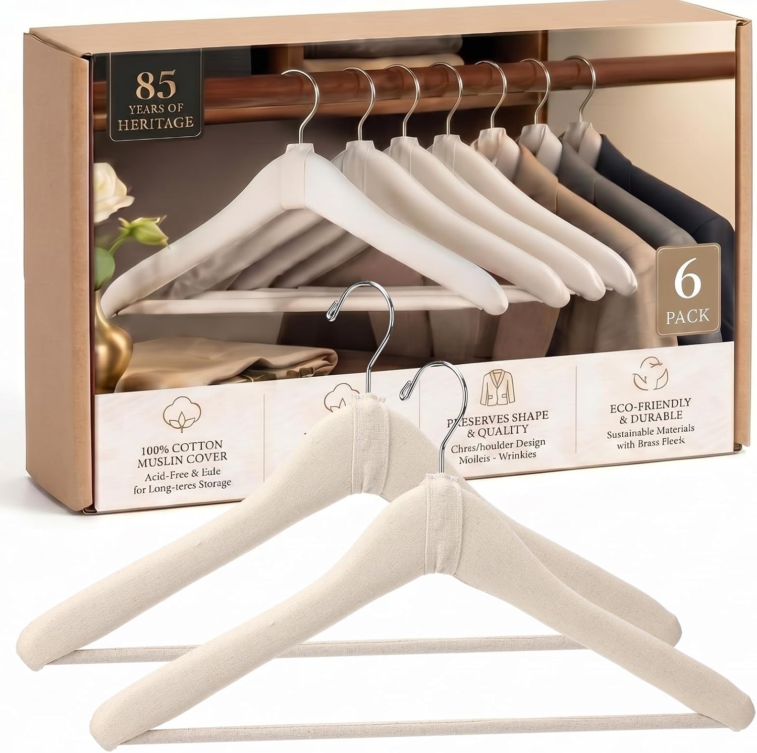 Fumete 6 Pcs 17.75'' Acid-Free Muslin Suit Hanger for Men Extra Wide Suit Shoulder Hangers Cotton Batting with Brass Hook Heavy Duty for Vintage Collectable Uniform Coat Jackets Pants and Formal Wear