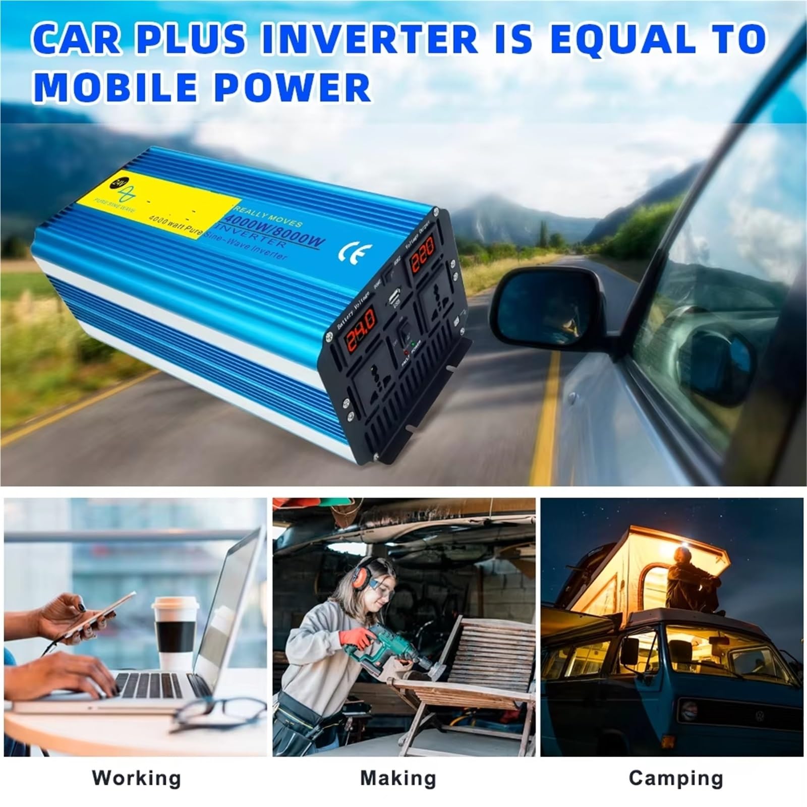 Inversor Inversor De Potencia Solar De Onda Sinusoidal Pura De 24V A 220V Convertidor Potente 60 Hz para Caravanas Y Camping Al Aire Libre(1000W Peak)