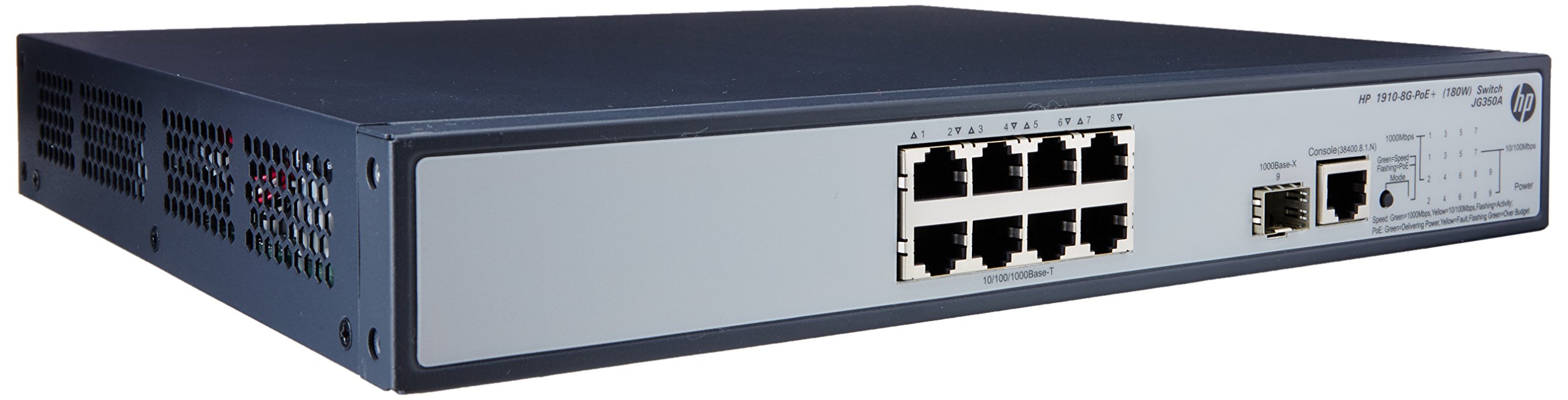 Front view of the HP 1910-8G-PoE+ 180W Switch showing 8 RJ45 ports and 2 SFP ports.