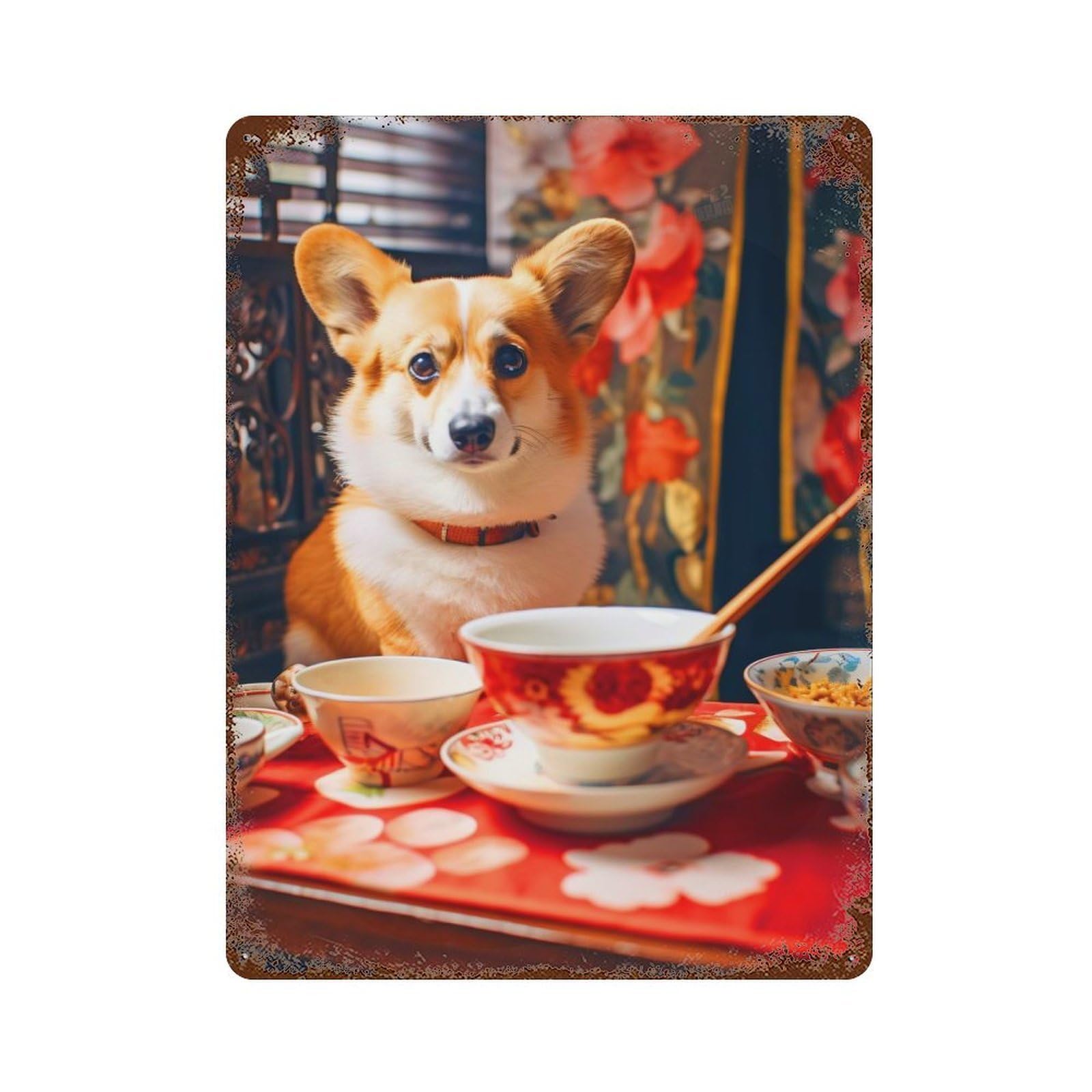 Corgi at Tea Time 15.7"x11.8" Decorative Tin Sign, Retro Wall Decor for Bistro, Counter And Cafe Decor