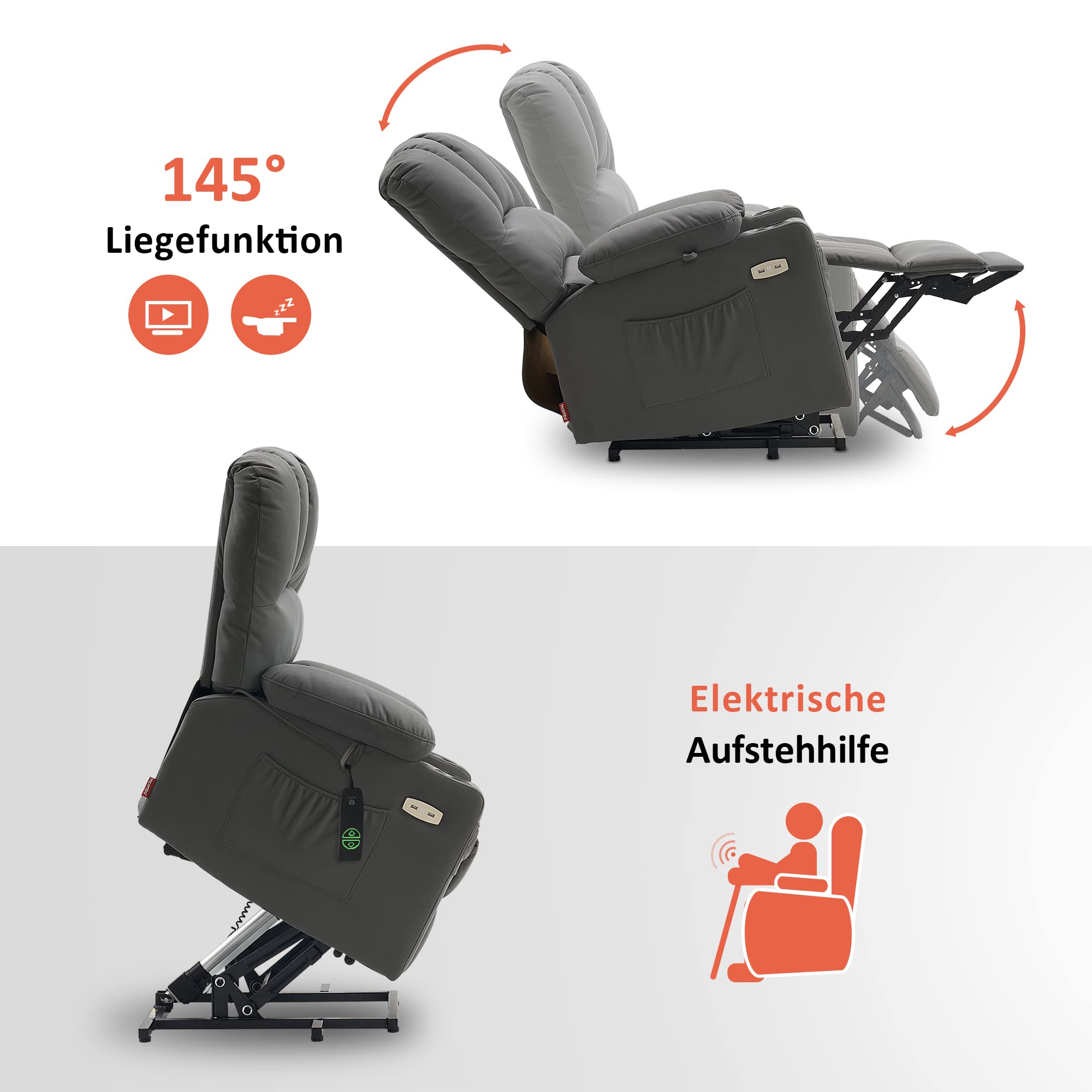 M MCombo Poltrona relax 7102 con supporto per alzarsi e sdraiarsi, regolabile elettricamente, con funzione di riscaldamento, per anziani e soggiorno, USB (tessuto in microfibra, grigio)