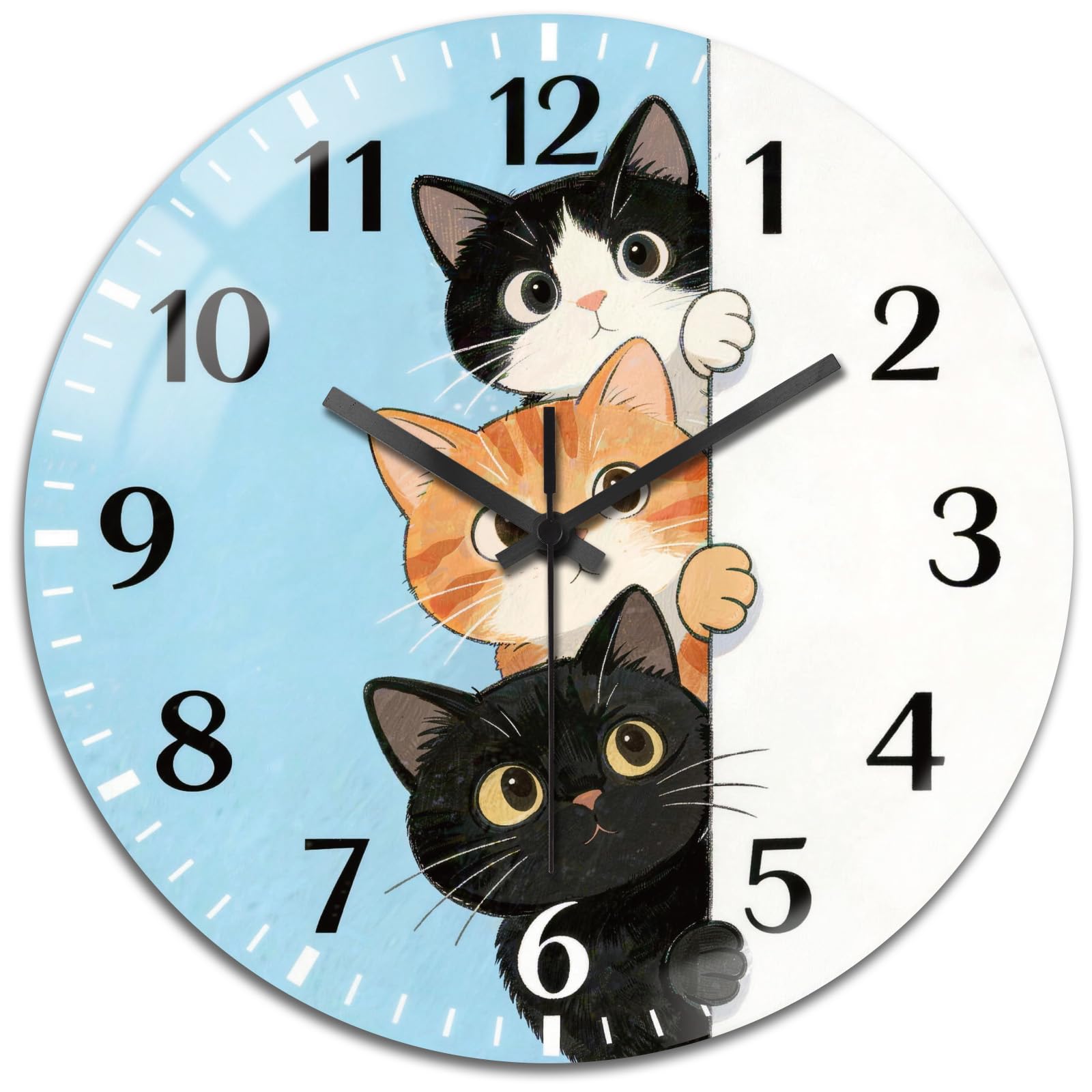 Horloge murale ronde en verre peacoblue motif chat silencieux