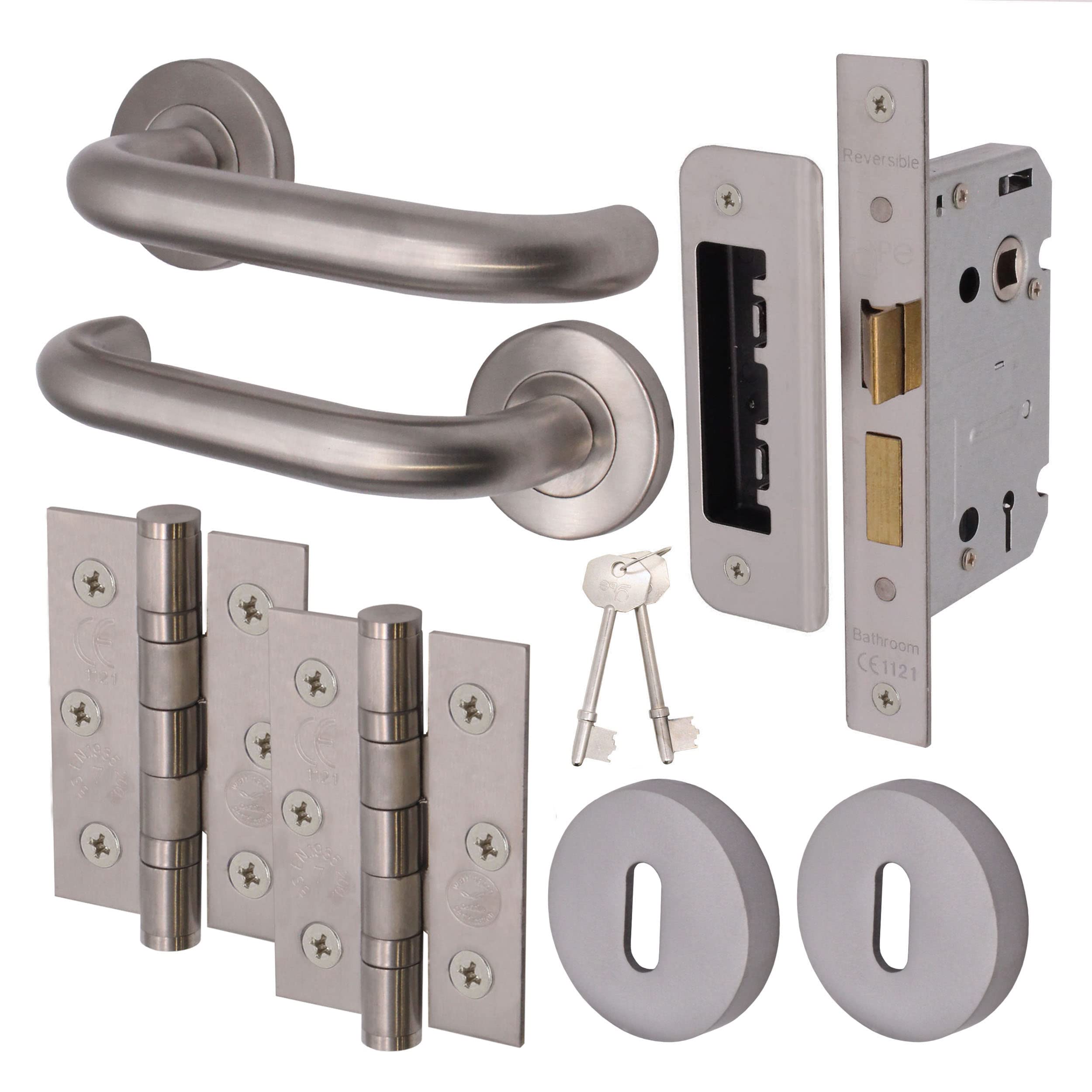 EAI Return to Door Lever on Rose Handle Sash Lock Kit - Satin Stainless Steel - 76mm Hinge