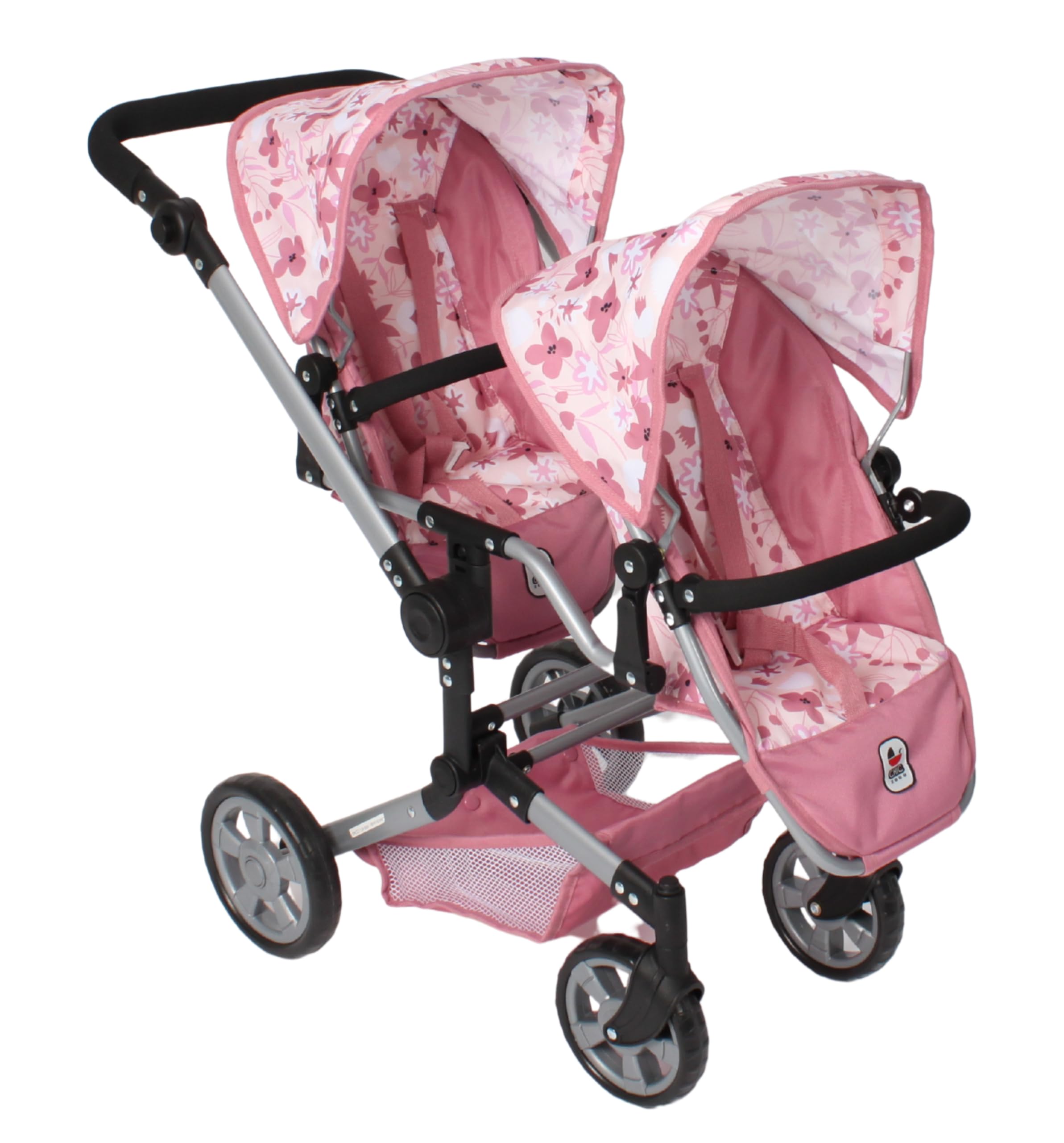 Bayer Chic 2000® Puppenwagen Linus Duo, Flowers rosa, faltbar | Zwillingspuppenwagen, Verstellbarer Griff 50-82 cm, Für Puppen bis 50 cm, 4-8 Jahre
