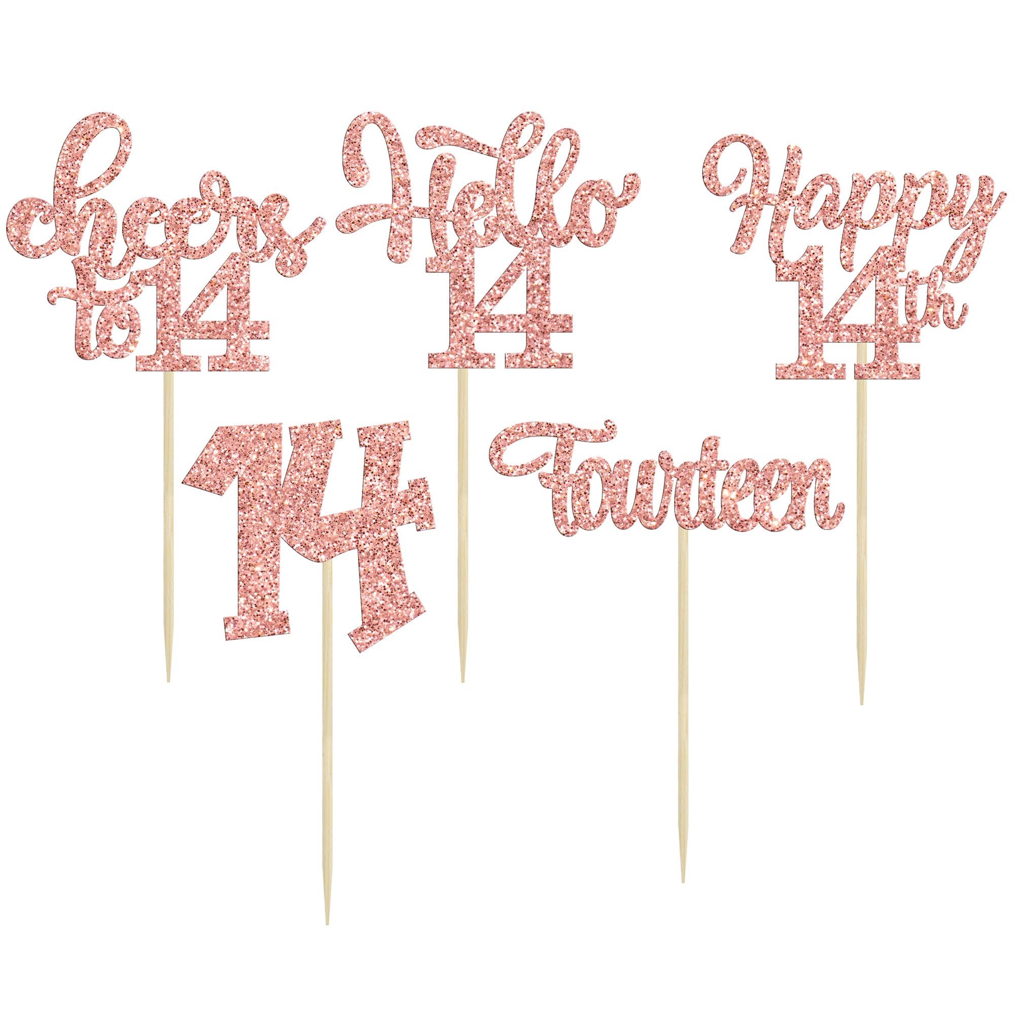 30 Pack Rose Gold 14th Birthday Cupcake Toppers - Glitter Hello 14 Decorations
