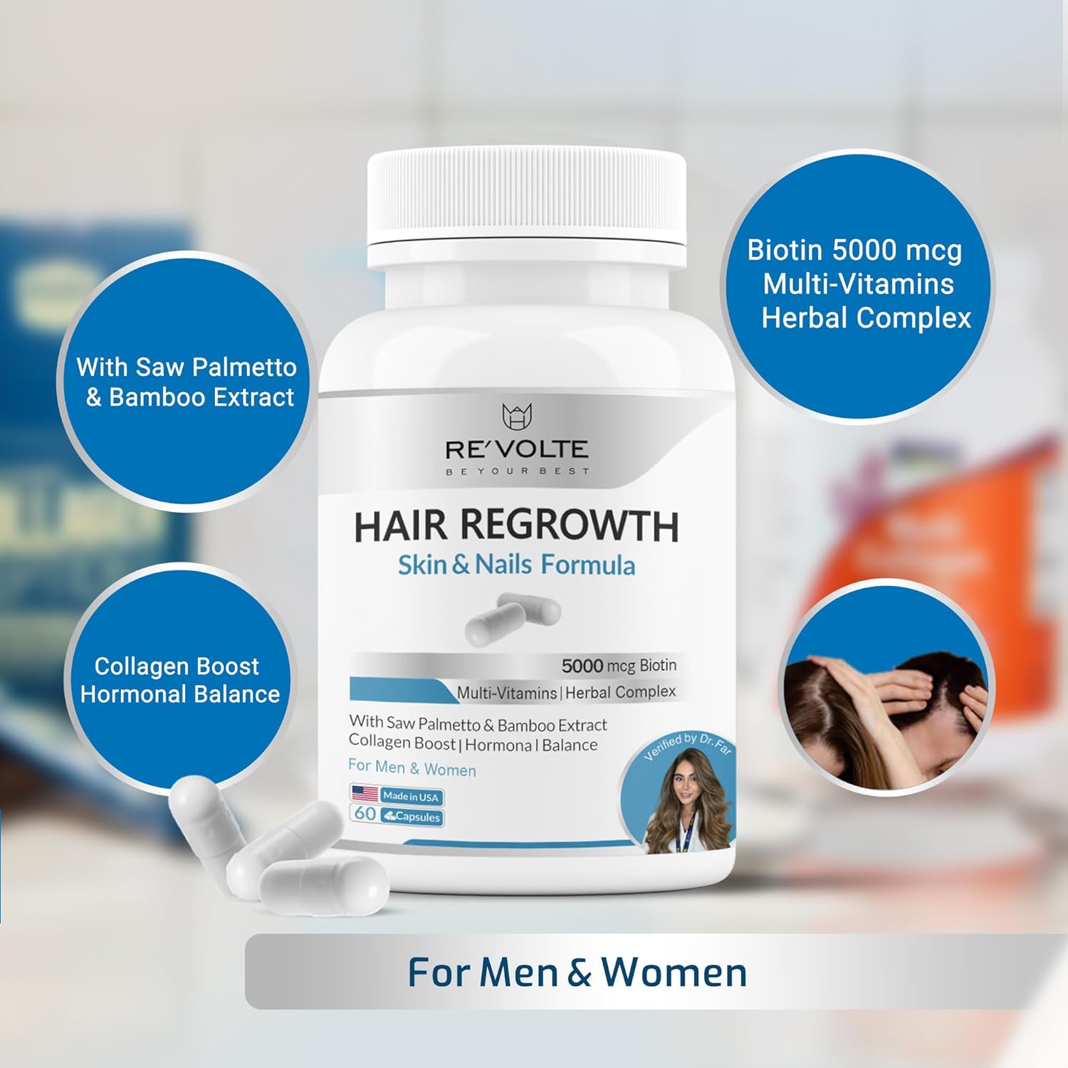 RE’Volte Hair Regrowth Treatment – Scientifically Formulated & Doctor Recommended – Powerful DHT Blocker for Hormonal Hair Loss – Skin, Hair & Nails Supplement – 661mg, 60 Capsules, 30-Day Supply