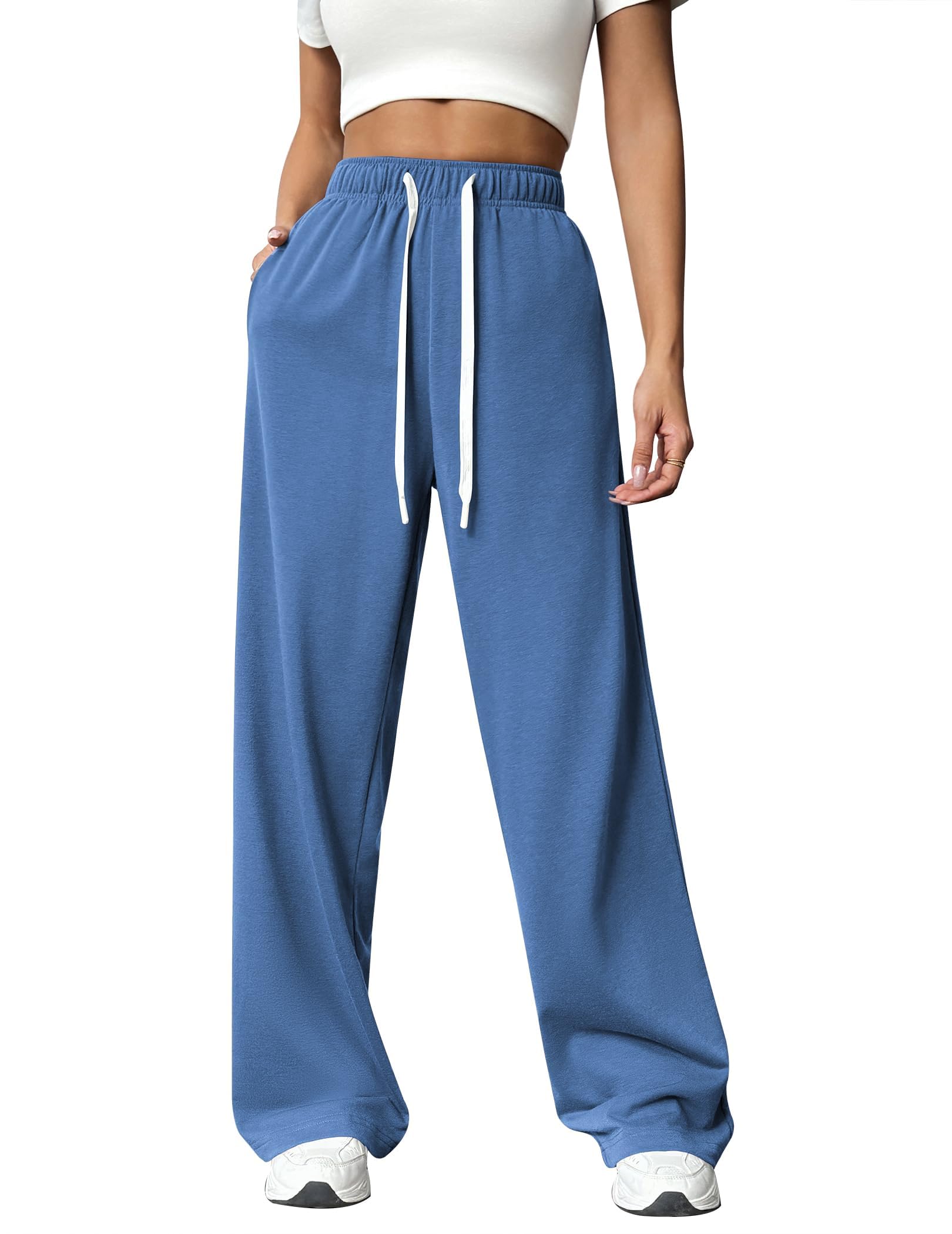 PINSPARK Jogginghose Damen Sporthose Lang Baggy Traininghose High Waist Freizeithose Lockere Sweatpants mit Elastischem Bund Weites Gerades Bein Yoga Gym Hose Laufhosen Blau XXL