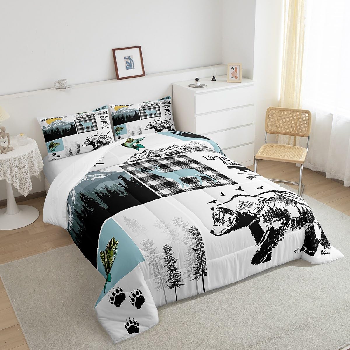 Set di biancheria da letto per letto queen size, motivo: capanna con orso, caccia, pesca, spigola, pesce, rustico, con motivo a quadri, per adolescenti, ragazzi, adulti, uomini, animali selvatici, 2