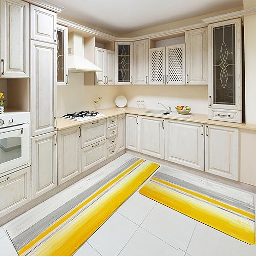 Miniatura 7 de Juego de 2 alfombras de cocina, antifatiga, antideslizante, impermeable, acolchado de PVC, gris claro, mimosa, amarillo, arte abstracto, cómodo