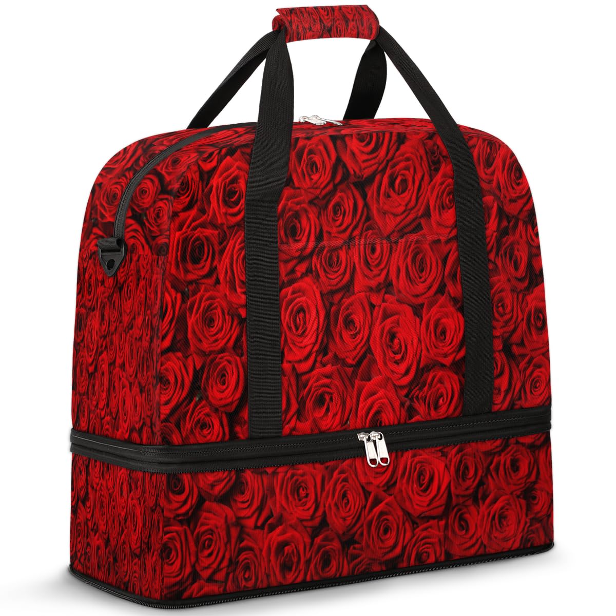 Bolsa de viaje plegable con diseño de rosas rojas de 47 l, bolsa de fin de semana con funda para carrito de transporte, bolsa de hombro separada para deportes, gimnasio, viajes, multicolor, 47L, Bolsa
